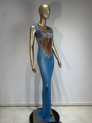 Rhinestone mesh column dress on mannequin front