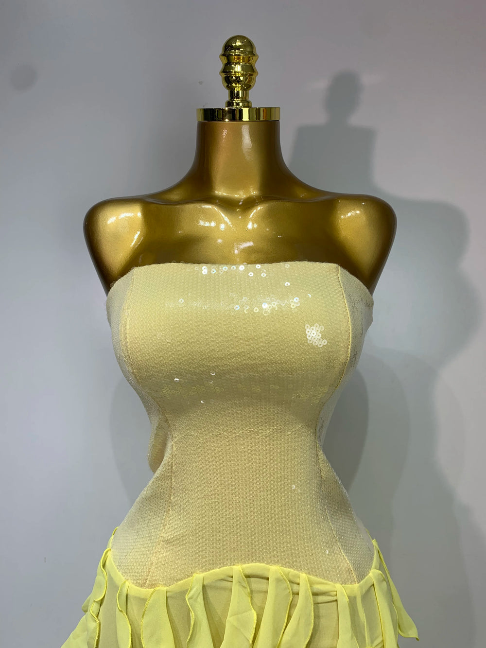 Close-up of strapless sequin bodice on floor-length dress