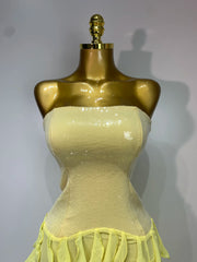 Close-up of strapless sequin bodice on floor-length dress