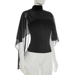 Black Sheer Cape Overlay High Neck Top