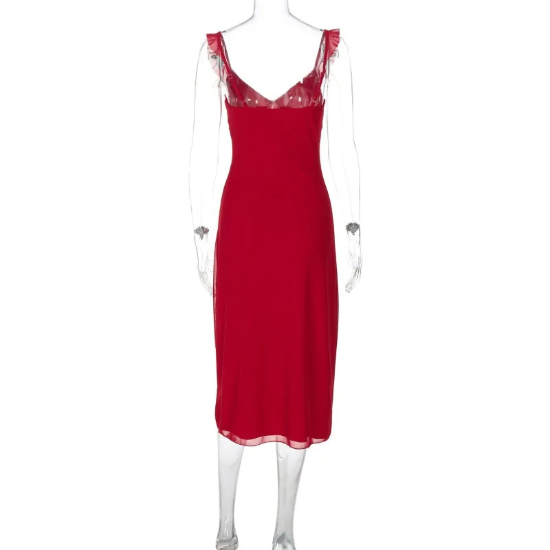 Red slip dress on a mannequin against a white background