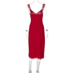 Red slip dress on a mannequin against a white background