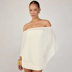 Ivory off-shoulder draped sleeve sheath mini dress