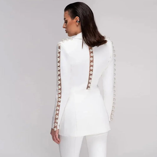 Pearl embellished mesh panel blazer and wide leg pants suit on model from back