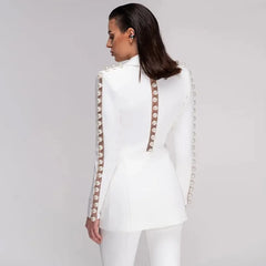 Pearl embellished mesh panel blazer and wide leg pants suit on model from back