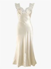 Patchwork Satin Lace Maxi Dress – Elegant V-Neck Evening Gown