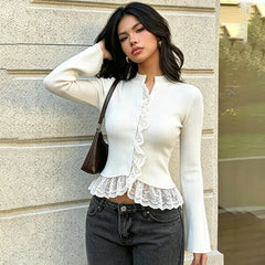 Ribbed lace trim mock neck top white