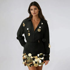 Round Sequins Long Sleeve Shirt and Mini Skirt Set