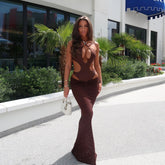 Cut-out mesh skirt beachwear set with deep V-neck top
