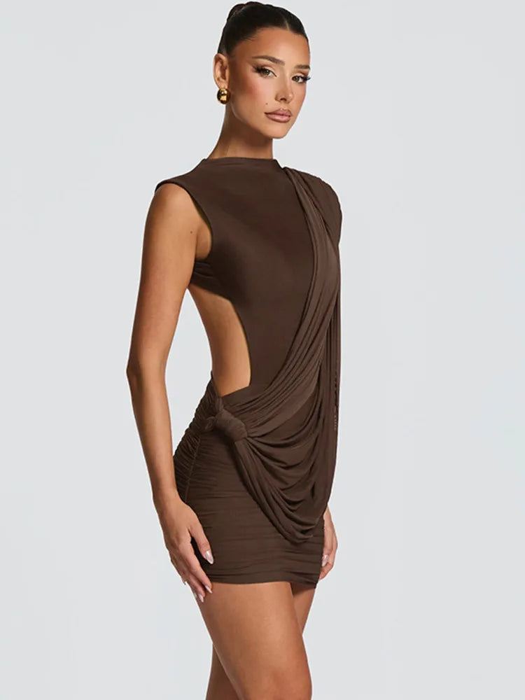 Side view of brown draped mock neck mini dress