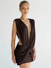 Deep V Neck Twisted Drape Mini Dress