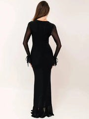 Ruffled Mesh Sleeve V-Neck Maxi Dress