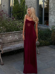 Burgundy Strapless Fringed Maxi Dress