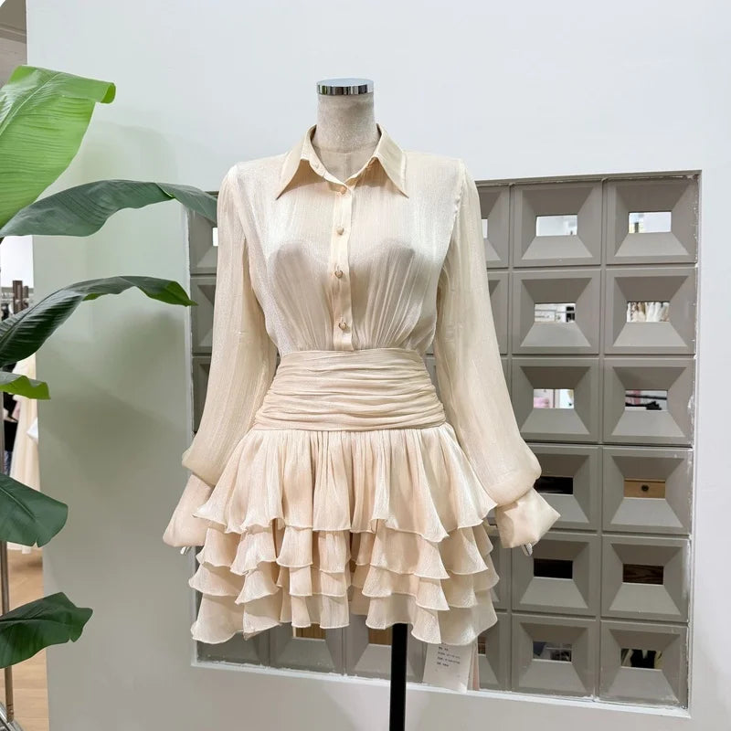 Shimmer lapel mini dress front view