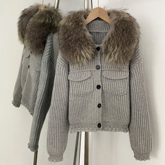 Fur Trimmed Ribbed Knit Jacket