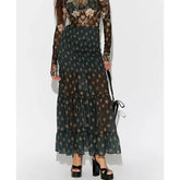 Smocked ruffled tiered star print sheer maxi skirt