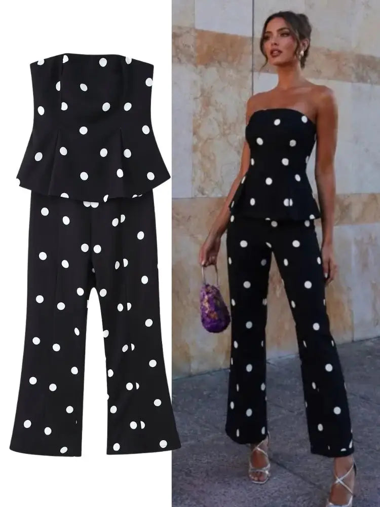 Black polka dot strapless peplum top and high-waisted flare pants set