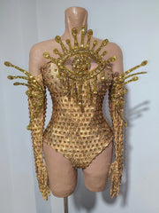 Golden Eye Embellished Rhinestone Bodysuit