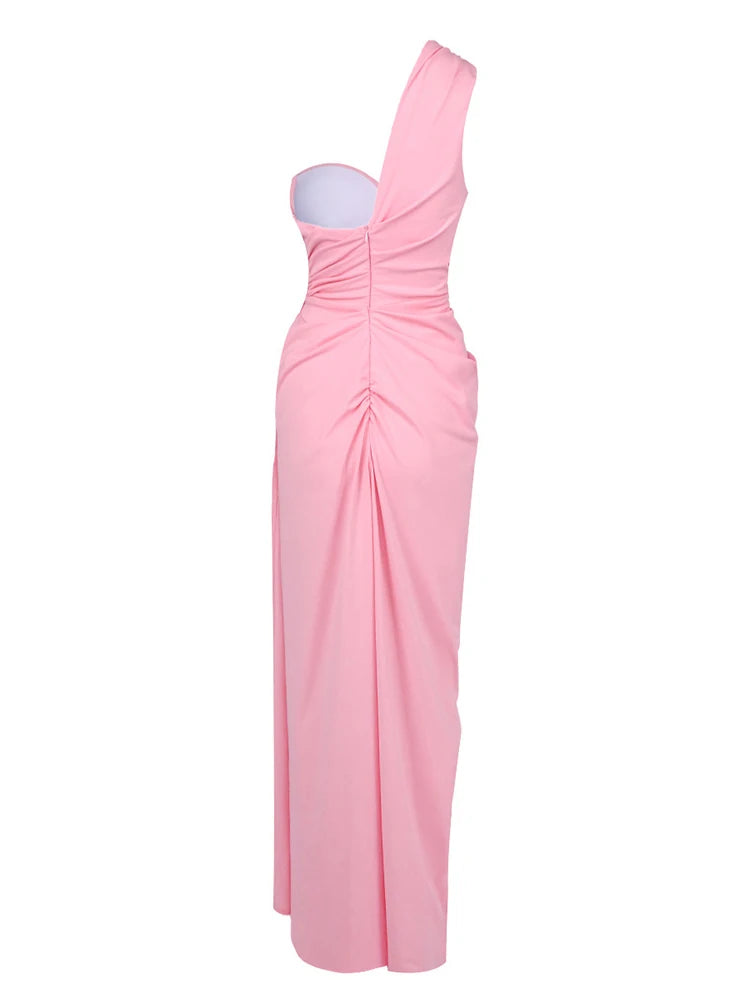 Pink one-shoulder dress on a white background