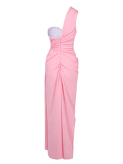 Pink one-shoulder dress on a white background