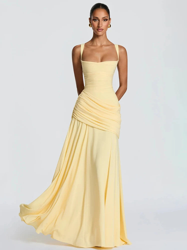 Yellow square neck drape waist floor-length dress
