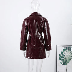 Faux Leather Lapel Jacket and Mini Skirt Set