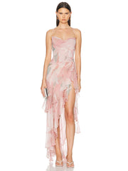 Spaghetti strap floral print ruffle high-slit asymmetrical hem maxi dress front view