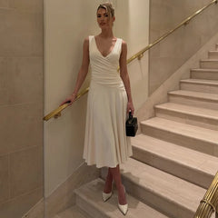 V-Neck Wrap Sleeveless Ruched Midi Dress