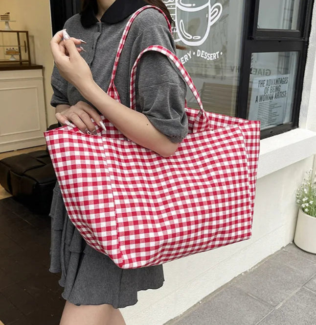 Person holding a red and white checkered bag in an indoor setting