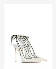White high-heeled shoes with bow detail on a white background