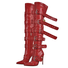 Red leather knee-high boots with multiple straps and buckles