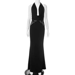 Black Lace Spliced Deep V Halter Evening Gown