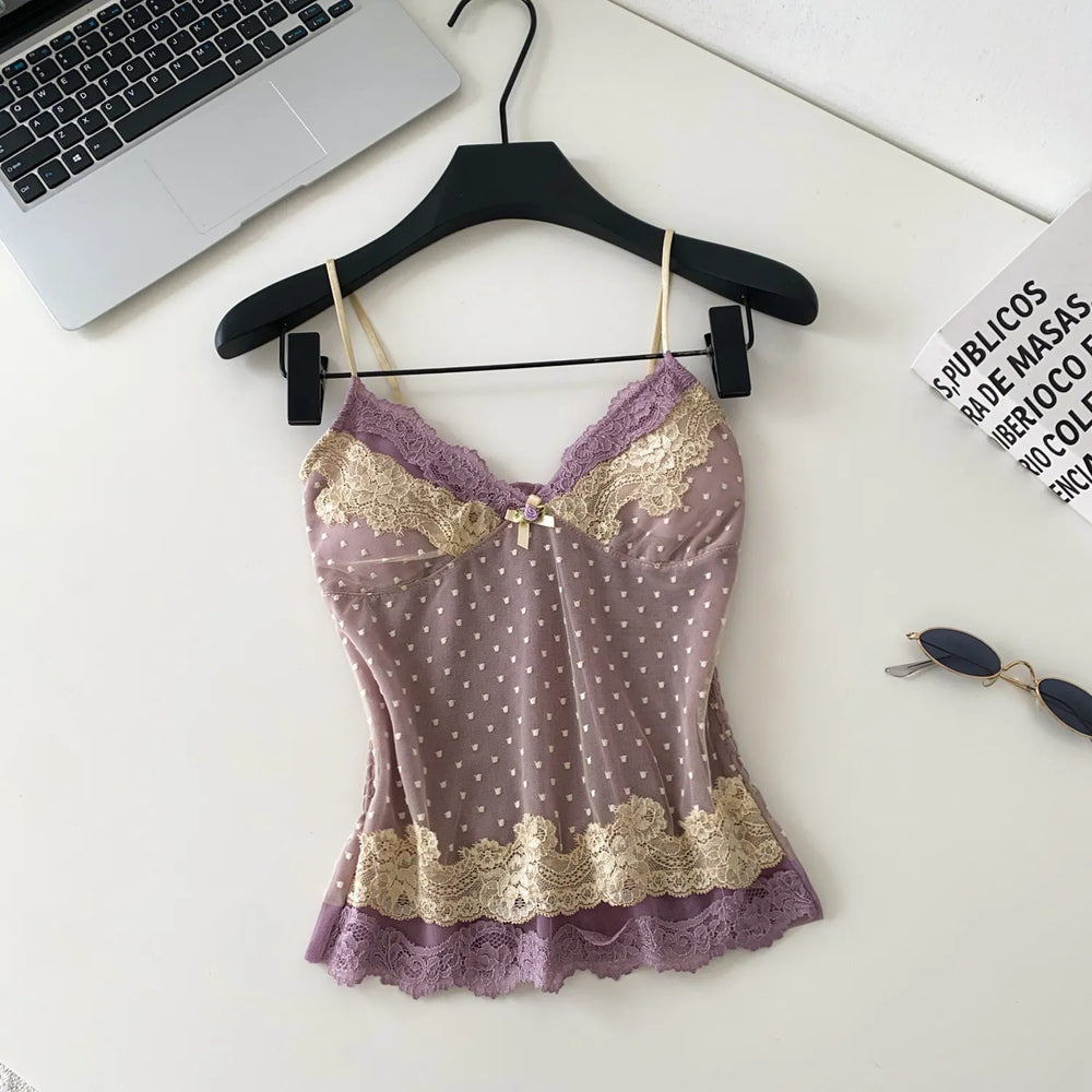 Purple Polka Dot Lace Strap Top