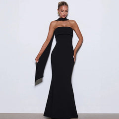 Strapless Maxi Dress with Sculpted Scarf Collar