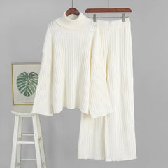 Cabel Knit Turtleneck Long Sleeve Top And High Waist Trousers Set