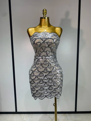 Strapless sequin scallop mini dress in silver