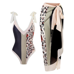 Tie-Strap V-Neck One-Piece Swimsuit with Matching Sarong Set