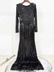 Gold & Black Sequin Gown | Elegant Long Sleeve Evening Dress