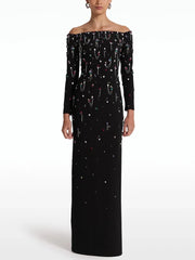 Beaded Slash Neck Maxi Dress worn from the front