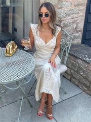 Patchwork Satin Lace Maxi Dress – Elegant V-Neck Evening Gown