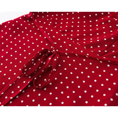 Red Polka Dot Midi Dress - Lace Trim V-Neck Holiday Robe