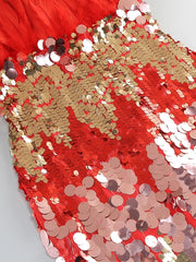 Red & Gold Feather Sequin Patchwork Strapless Gown