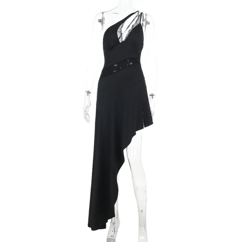 Black dress on a white mannequin against a white background