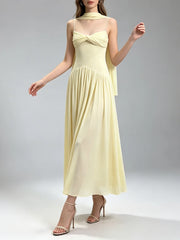 Yellow Mesh Ruched Twist Front Midi Dress