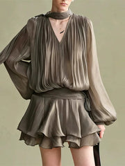 Pleated Draped Sleeve V-Neck Mini Dress