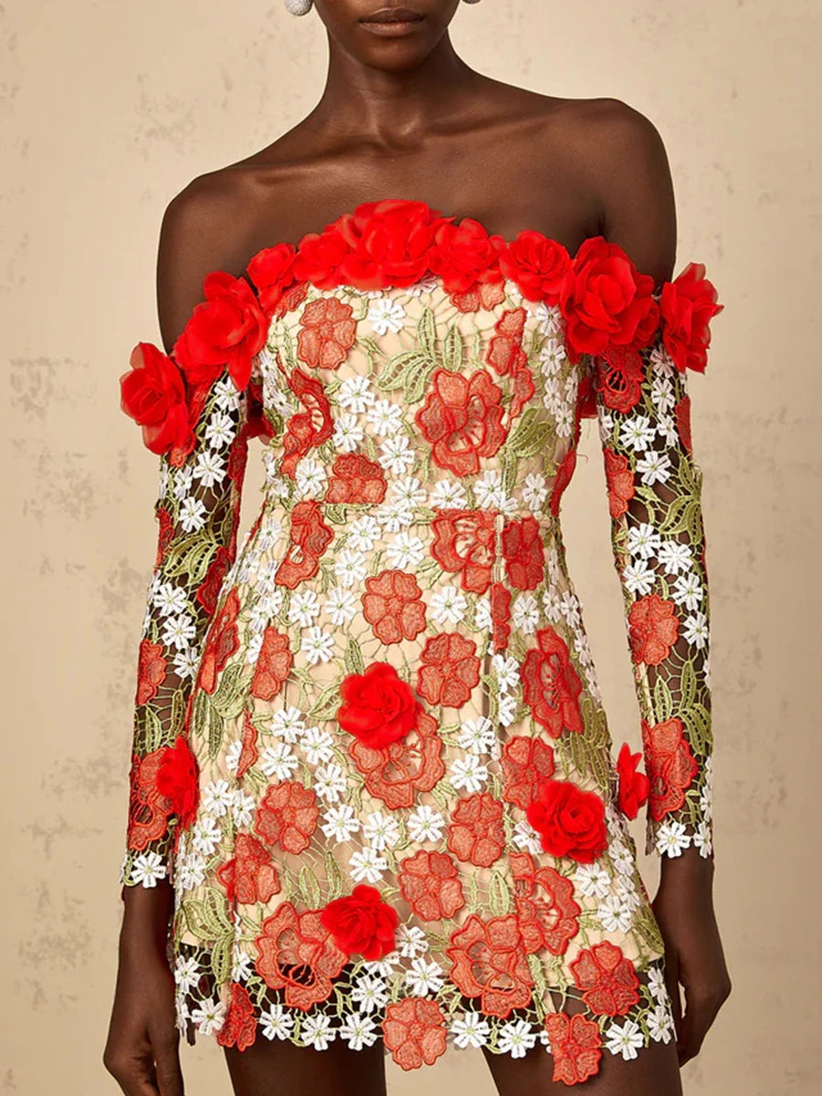 Woman wearing a floral dress with red flowers on a beige background