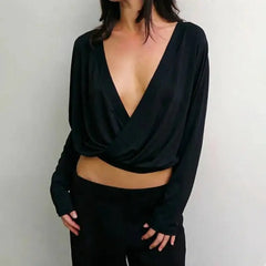 Deep V-neck Draped Crop Top in black