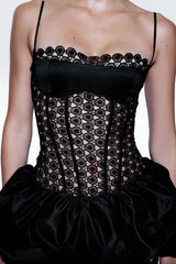 Detail of puffed satin skirt on a geometric lace midi dress