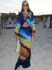 Mesh Tie Dye Long Sleeve Twisted Maxi Dress
