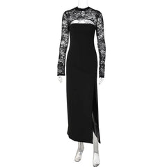 Mock Neck Lace Sheer Long Sleeve Maxi Dress